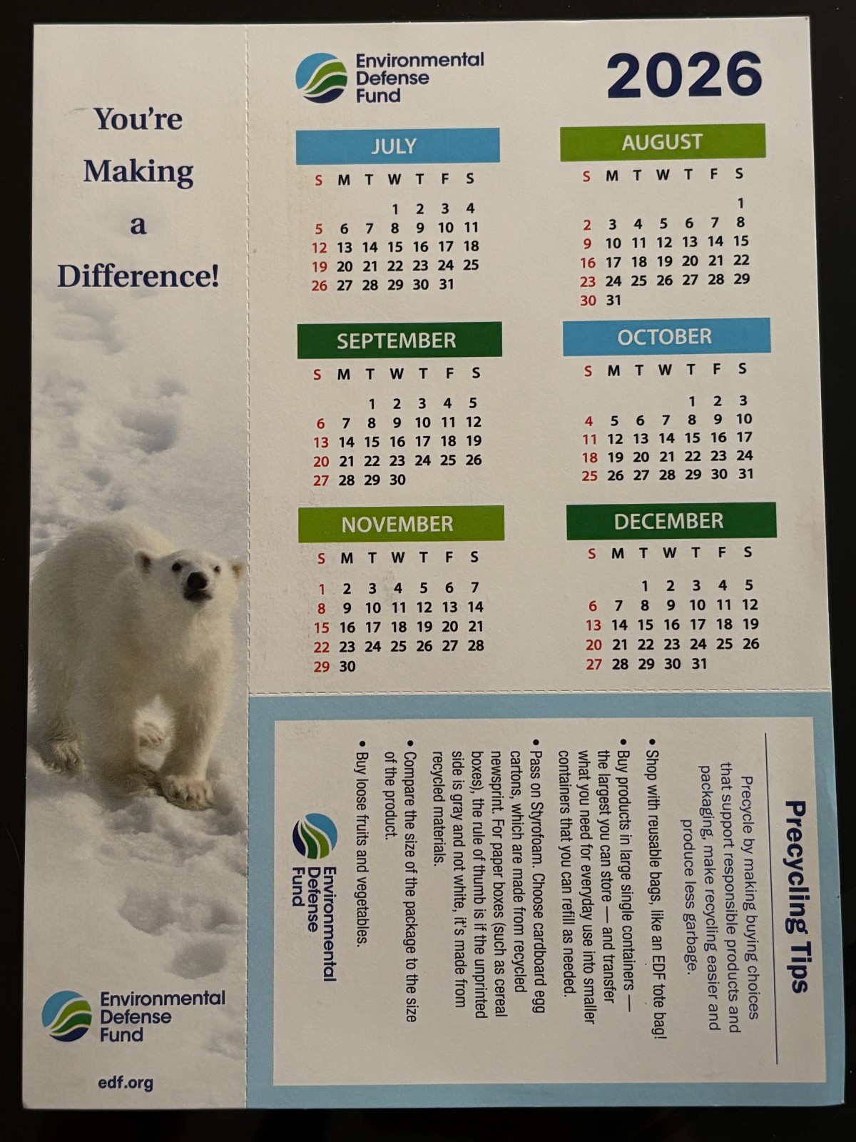 EDF – 2026 & 2027 Calendar Card, Bookmark, Tip Chart – 12 Months – 7.75″ x 5.5″