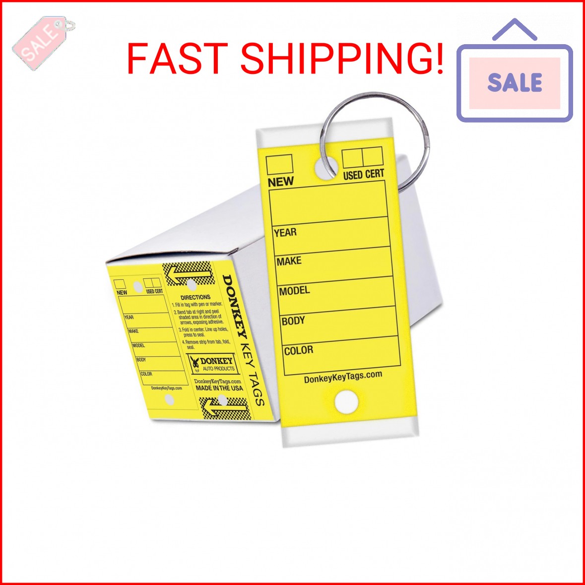 Donkey Key Tags, Laminated Self-Protecting (250 Tags Per Box with Metal Rings) (