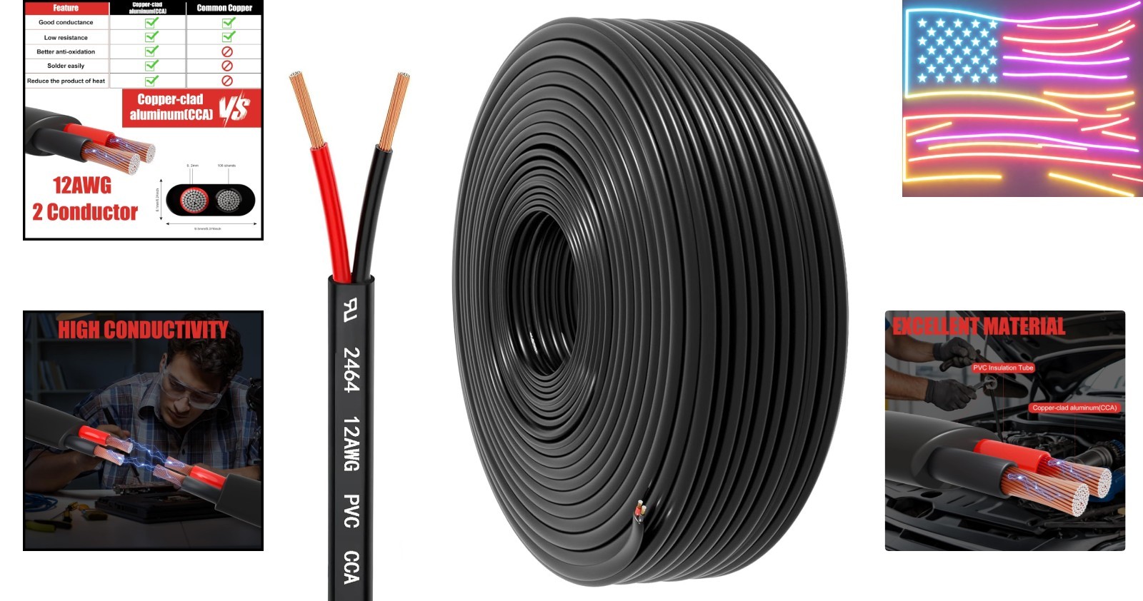 12 Gauge Wire 2 Conductor Electrical Wire, 12 AWG 3.3mm² Wire PVC Cord, 12V/2…