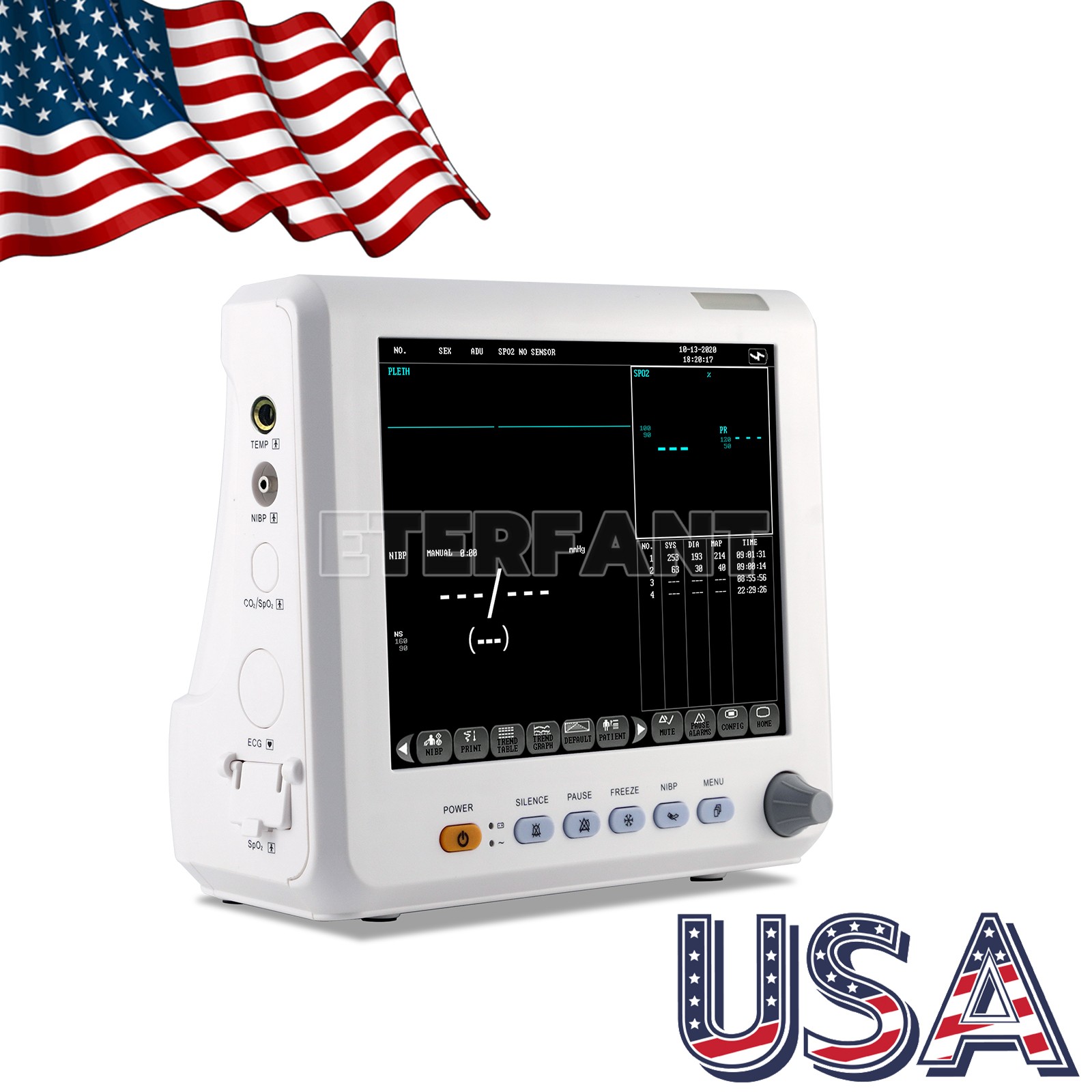 ETERFANT 8″ Patient Monitor ICU CCU Vital Signs Machine NIBP, SPO2, PR,TEMP
