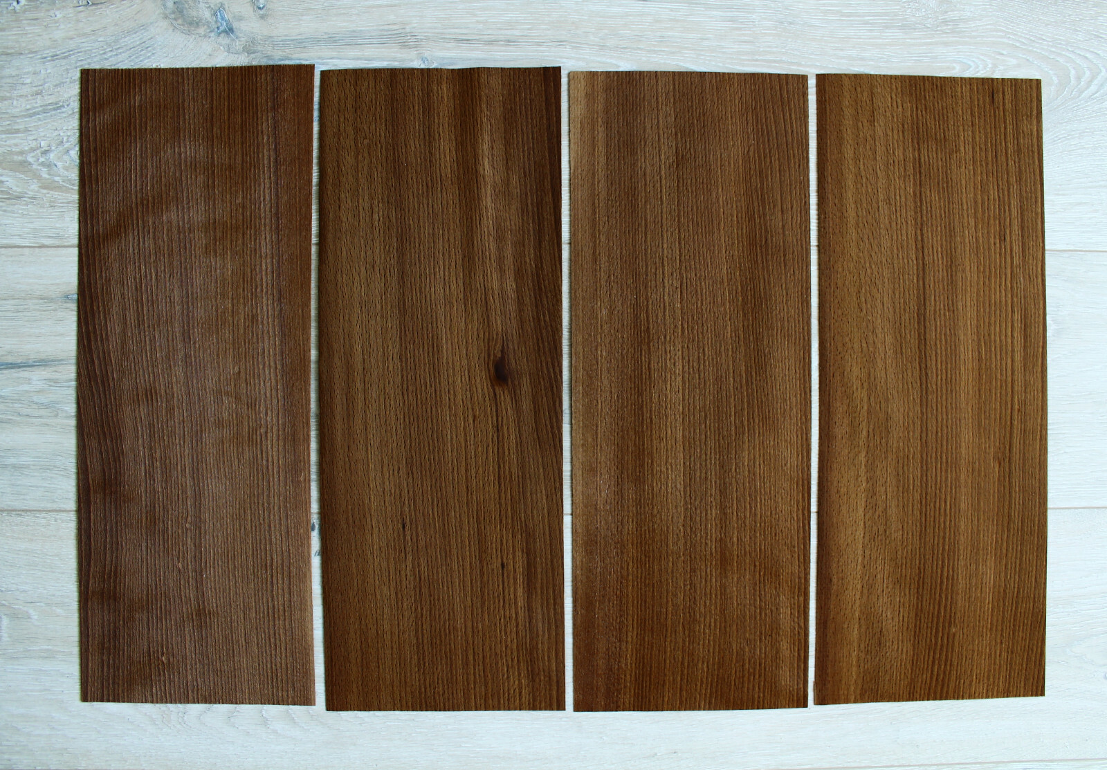 Beech Fumé wood veneer, 2 sheets, ~ 18.1 x 6.88″ (46 x 17.5cm), 0.55mm (~1/45″)
