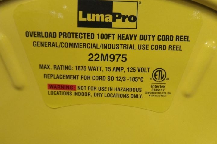 Lumapro 22M975 100 Ft L 120VAC 13 Max Amps 4 Outlet Extension Cord Reel