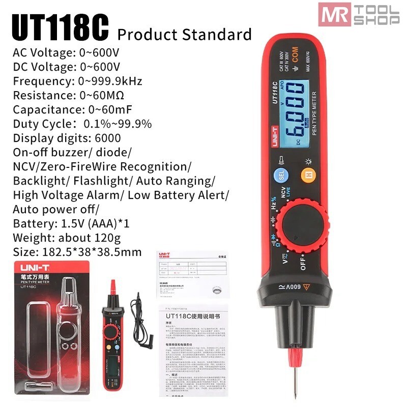 UNI-T Pen Type Digital Multimeter Volt Tester 6000Bits TRMS NCV/Live Test UT118C