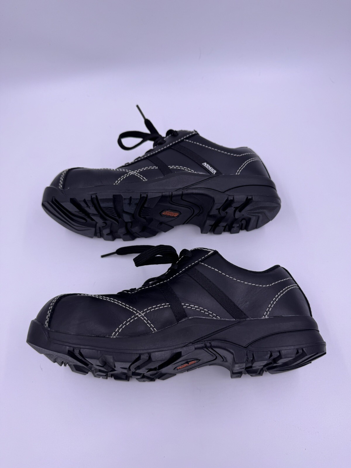 Avenger Safety Footwear Black White Stitch Leather Steel Toe Shoes Womens 7.5