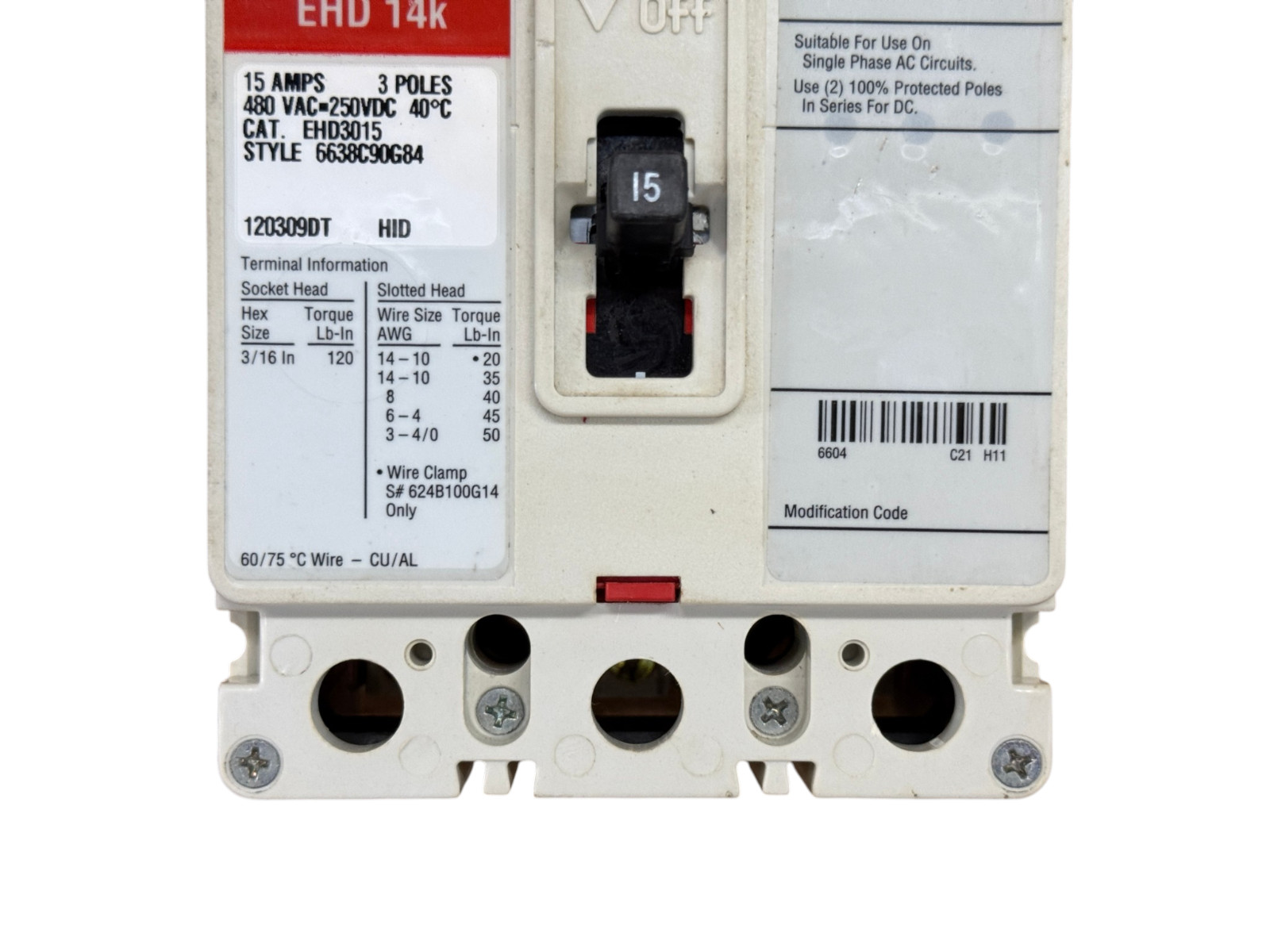 EATON CUTLER HAMMER EHD3015 15A 3-POLE 480V F-FRAME CIRCUIT BREAKER NEW SURPLUS