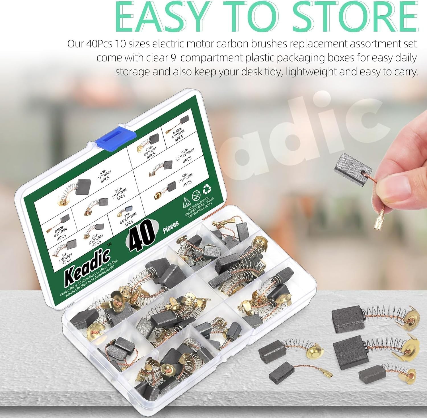 «Electric Motor Carbon Brushes 40pcs Assortment, 10 Sizes Replacement Brush Kit»