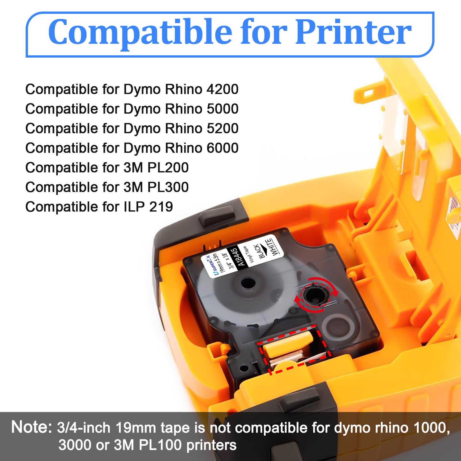 5PK 18445 Black on White Vinyl Industrial Label 19mm for DYMO Rhino 4000 Tape