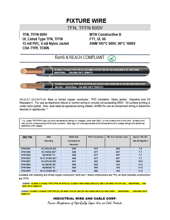 500 FT TFFN/TEWN WIRE. 18AWG STRANDED BC 600 VOLT. MADE IN USA. 6 COLORS AVAIL