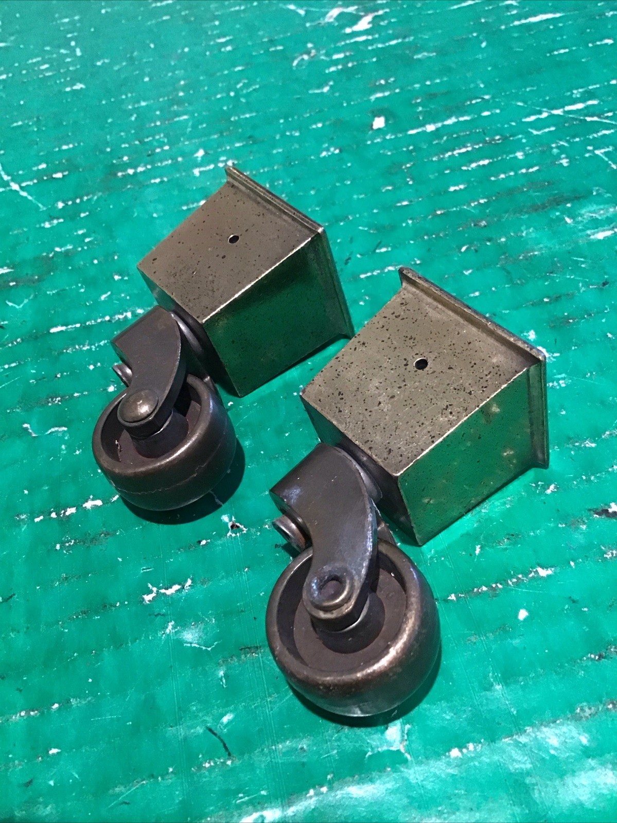 (2) Vintage Swivel Brass 1″ Square Tapered Cup Caster w/ 1″ Wheel Furniture