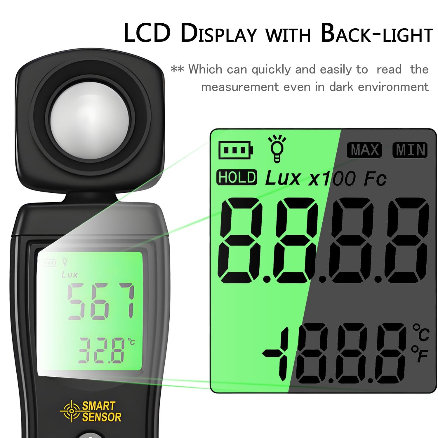 Digital Light Meter Backlit LCD Display Lux/Foot Candles Meter with 180º Rota…