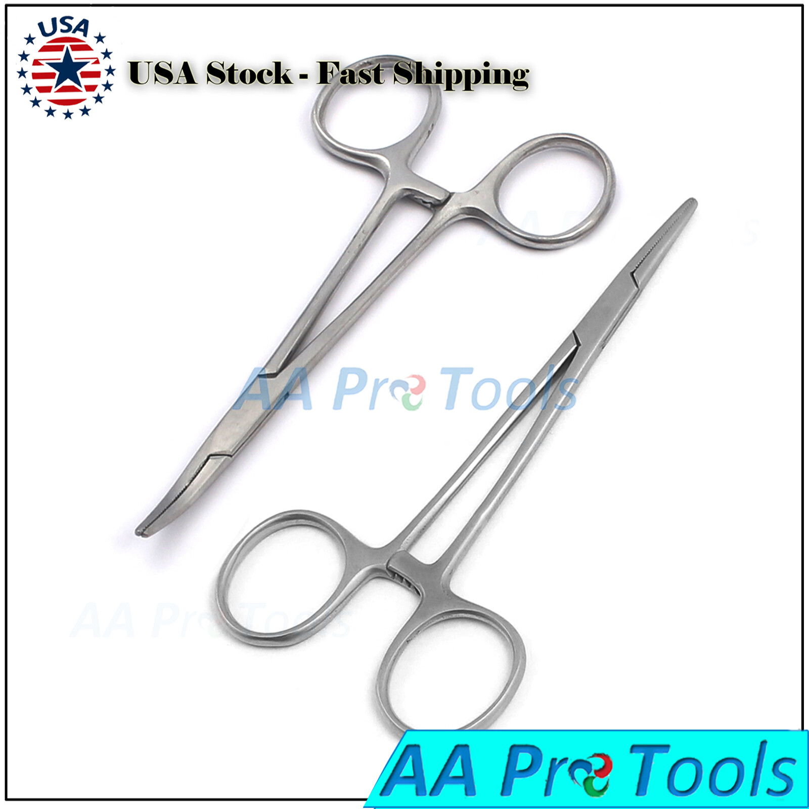 2Pc Set 5″ Straight and Curved Hemostat Forceps Locking Clamps Stainless Steel