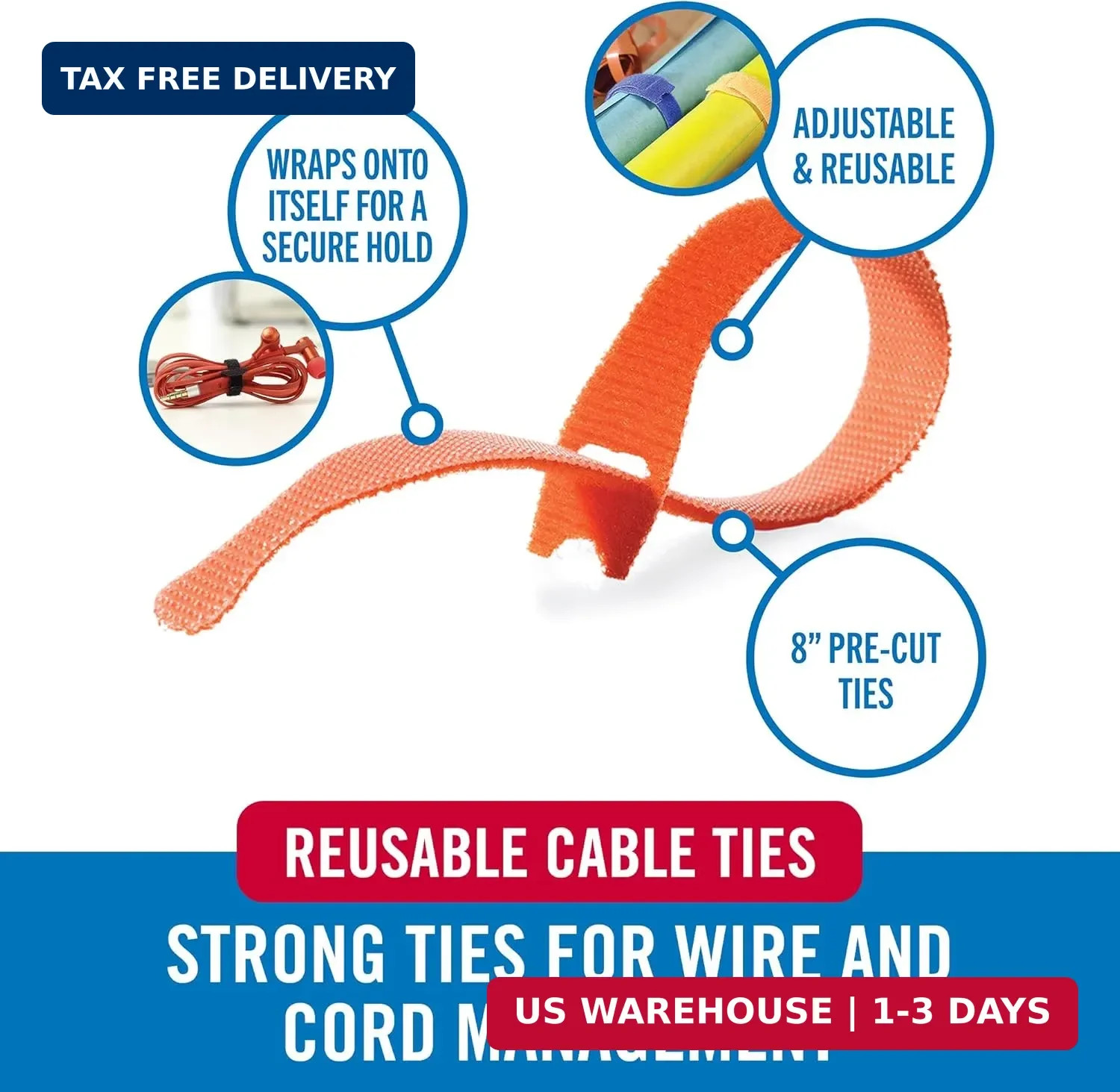 VELCRO Brand ONE-WRAP Cable Ties | 60Pk | 8 x 1/2″ Straps, Multicolor | Strong R