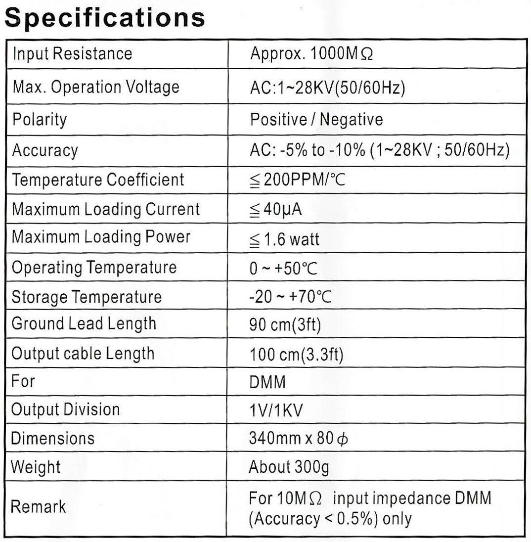 High Voltage Probe 40,000 Volts Max DC, 28,000 Volts Max AC (50/60 Hz)