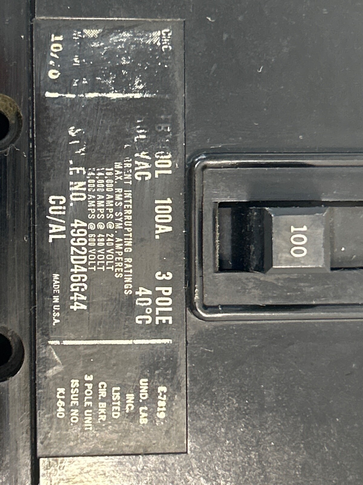 Westinghouse FB3400L 100A 600V 3PH Circuit Breaker 4992D46G44