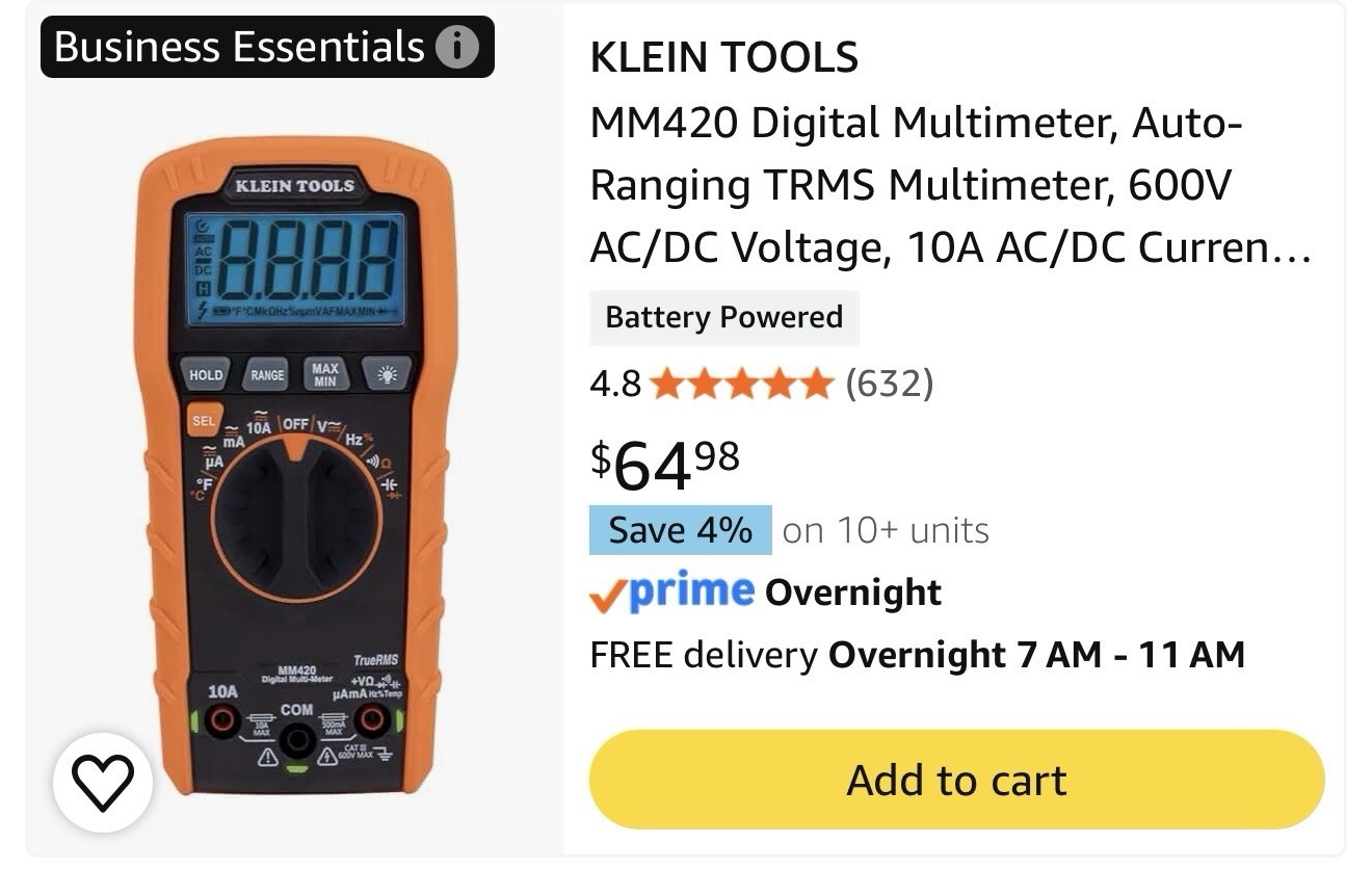 Klein Tools MM420 True RMS Auto-Ranging Multimeter CAT III 600V 10A 4000
