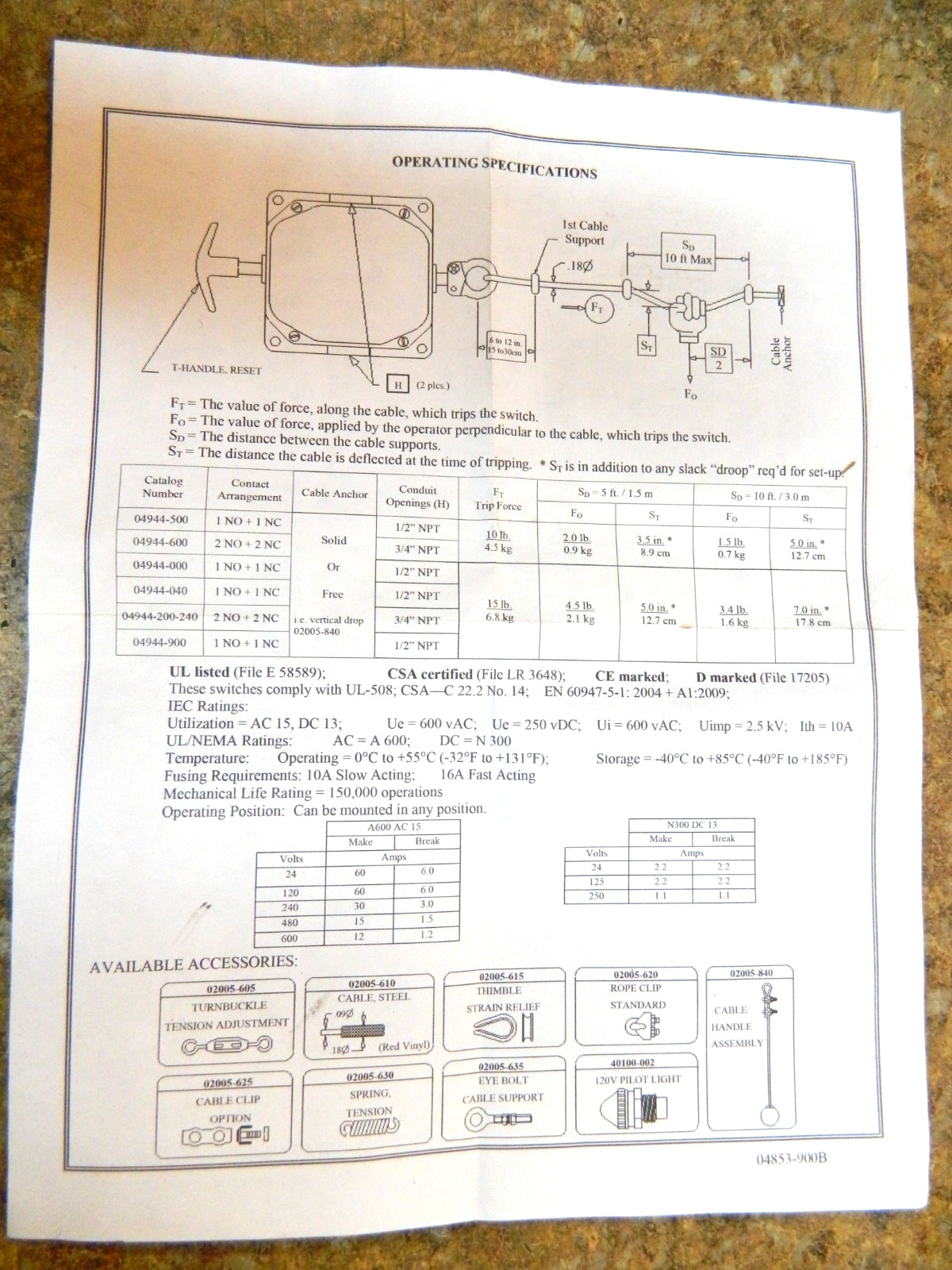 REES 04944-040 CABLE OPERATED SWITCH 15 LBS. TRIP FORCE TYPE 12 & 13 ENCLOSURE