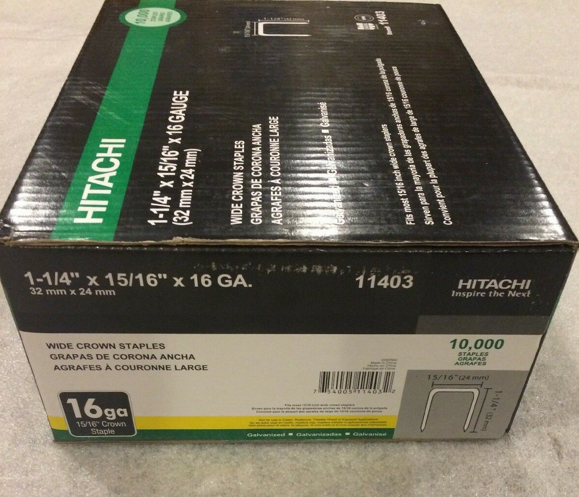 10,000 Hitachi 11403 1-1/4″ x 15/16″ 16 Gauge Wide Crown Galvanized Staples