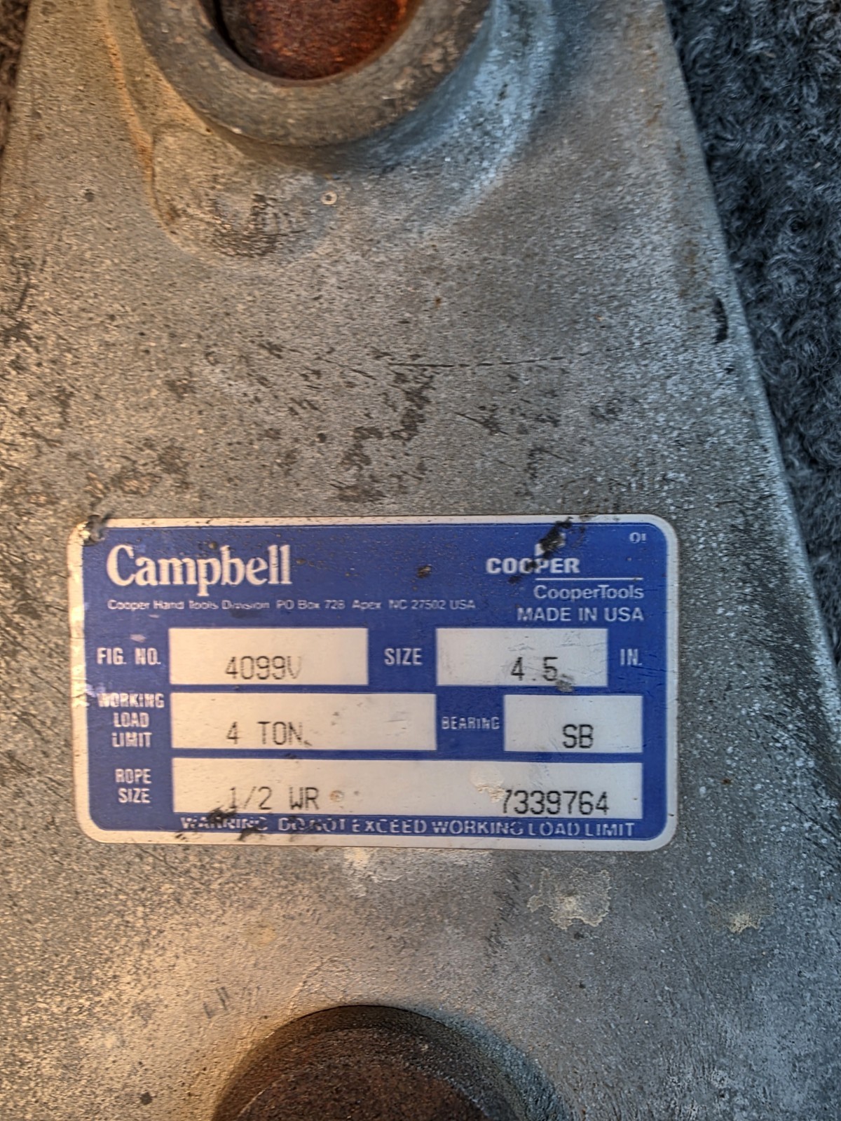 Campbell Cooper 4099V 4 Ton Snatch Block Swivel Hook 1/2″ Wire Rope Made USA