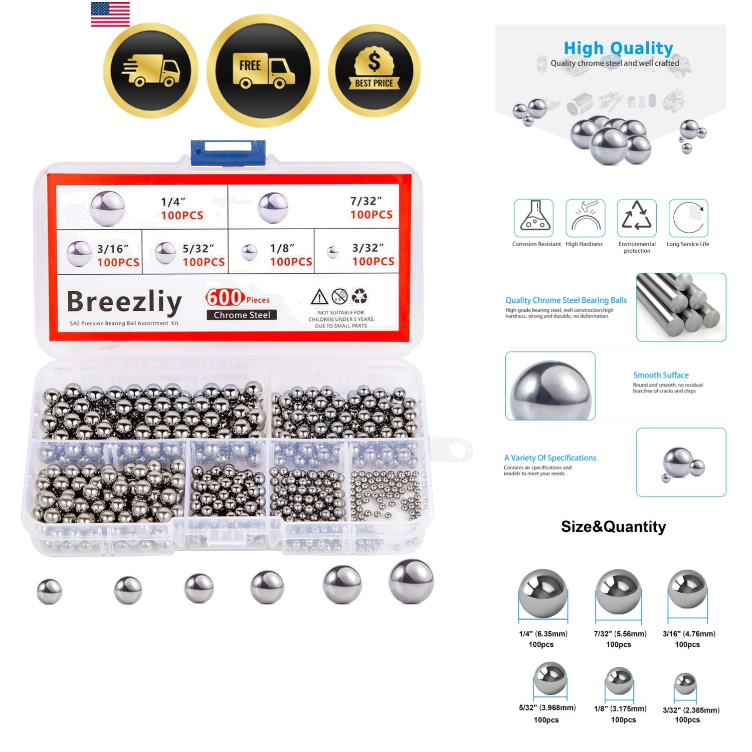 600 Piece 6 Sizes Assorted Loose Bicycle Bearing Balls 1/4″ 7/32″ 3/16″ 5/32″…
