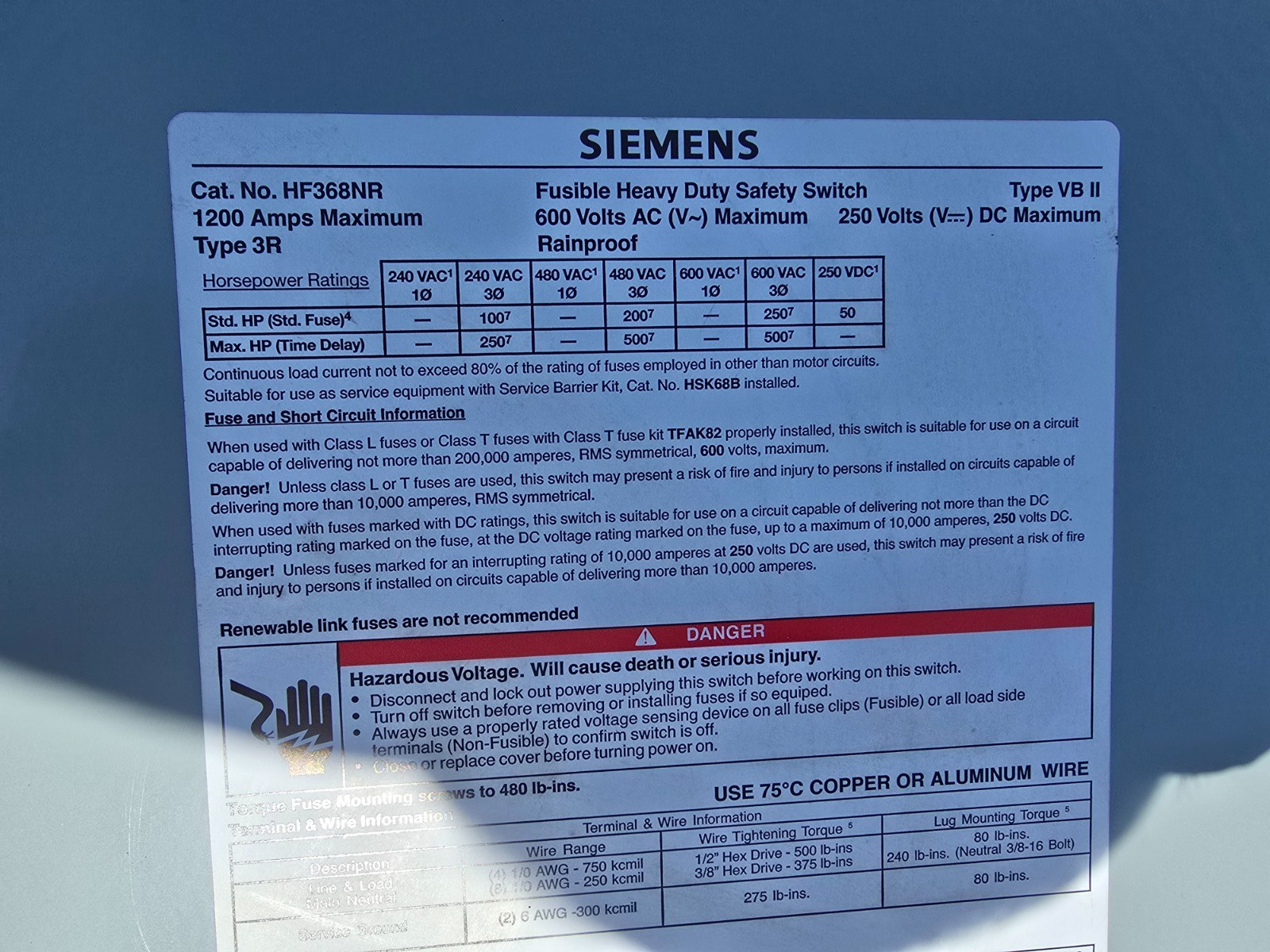 Siemens HF368NR Heavy-Duty Safety Switch,Type 3R, 1200A,New In Box!MAKE OFFER!