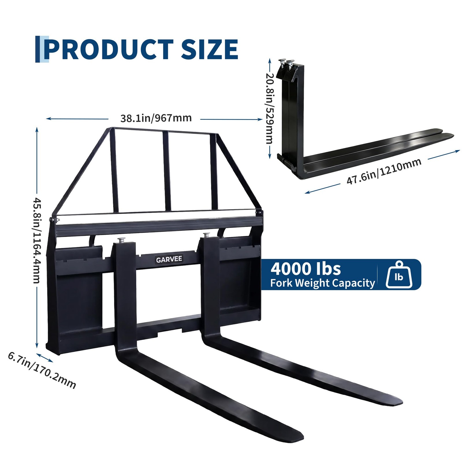 45″ Pallet Fork Frame with 48″ Fork Blades Universal Skid Steer Pallet Fork Atta