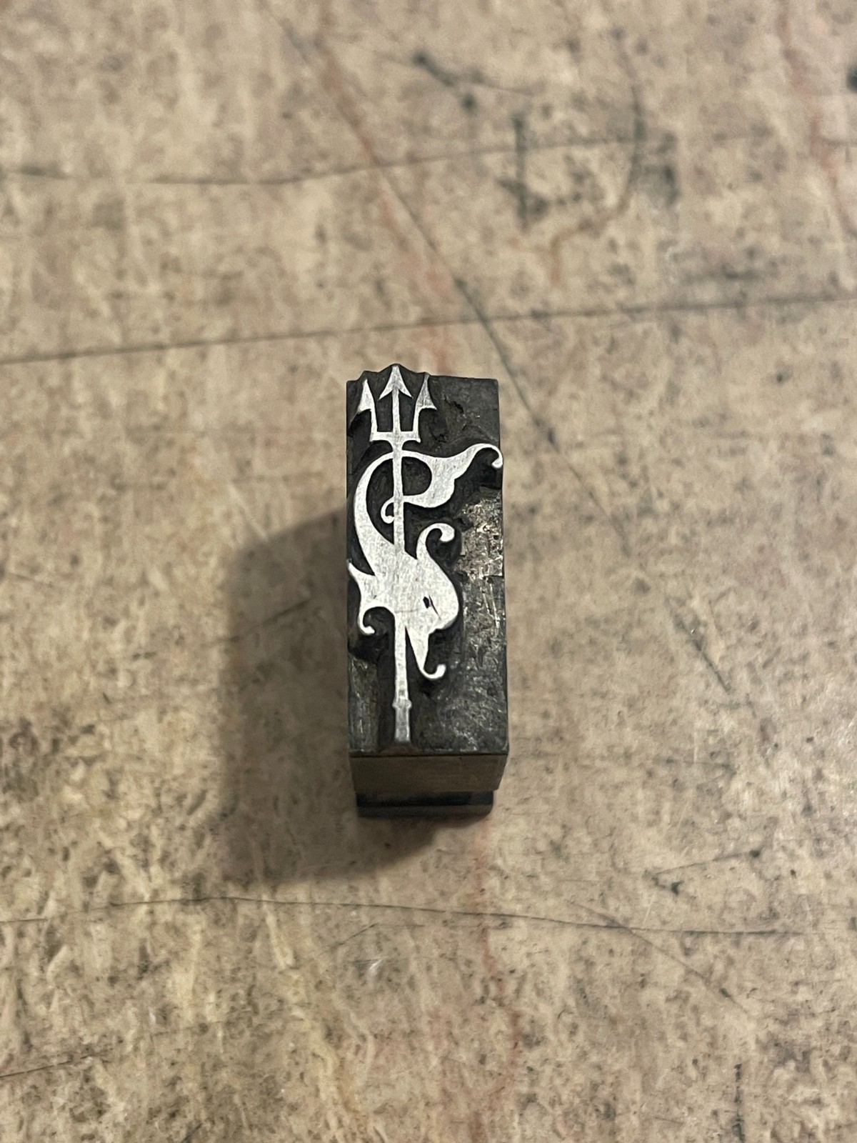 Printing Letterpress Block Antique BB&S Foundry Cast Sea Monster & Trident (3478