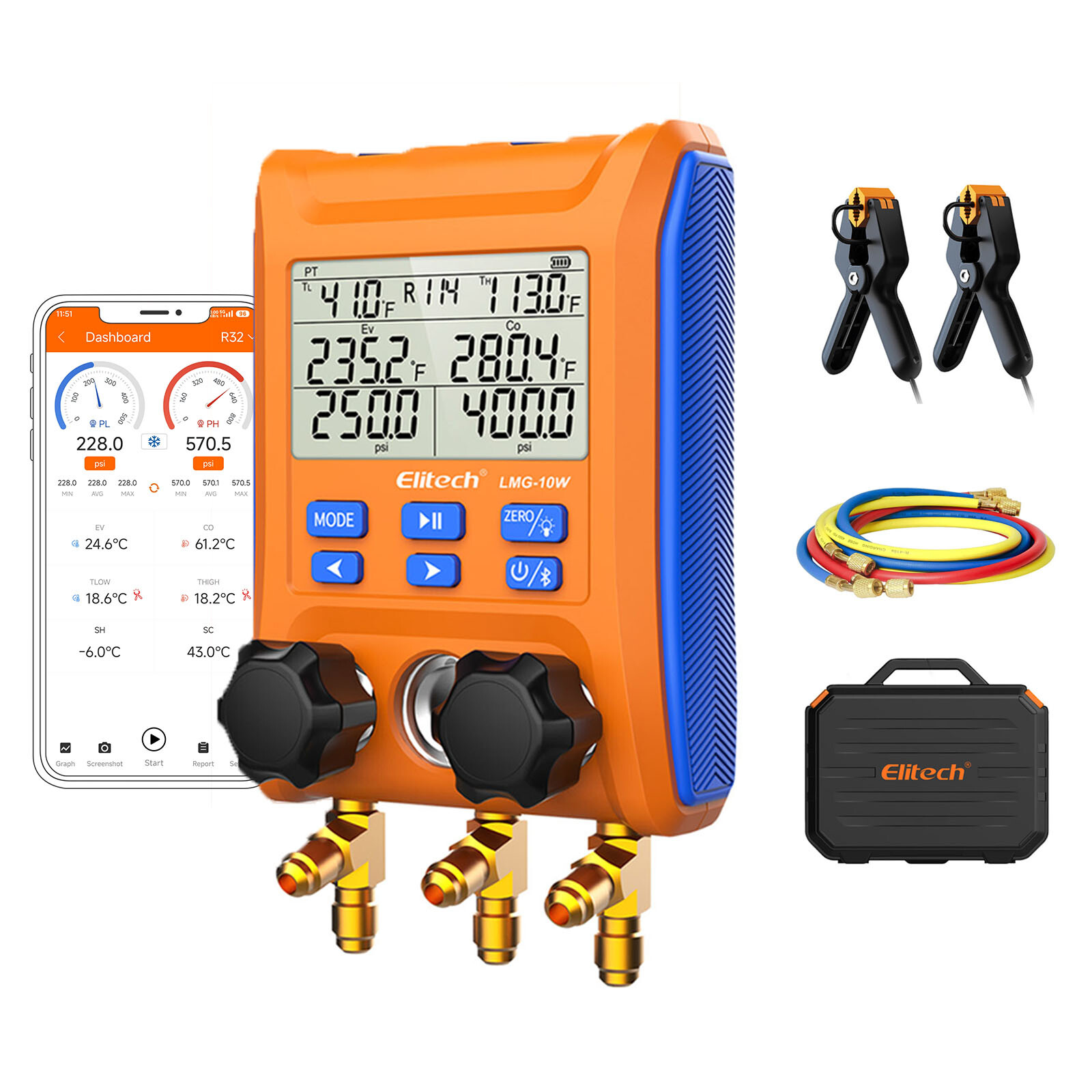 Refurbished Elitech HVAC Manifold Gauge APP Control LMG-10W w/Hoses