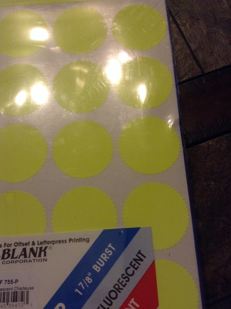 2000 bright yellow Chartreuse Flourescent 1 7/8″ Circle Burst label labels