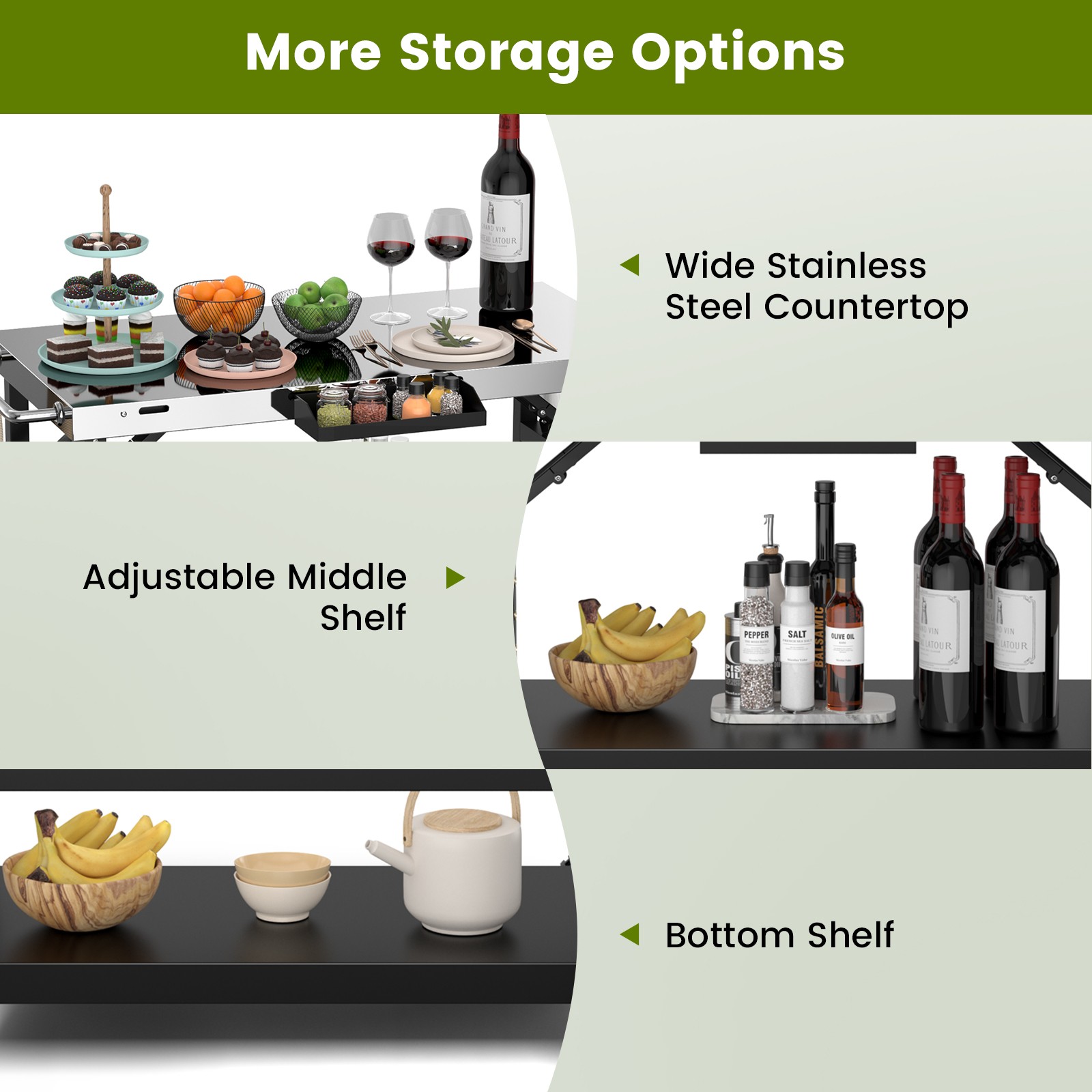 Costway 3-Shelf Movable Grill Cart Table Multifunctional Stainless Steel