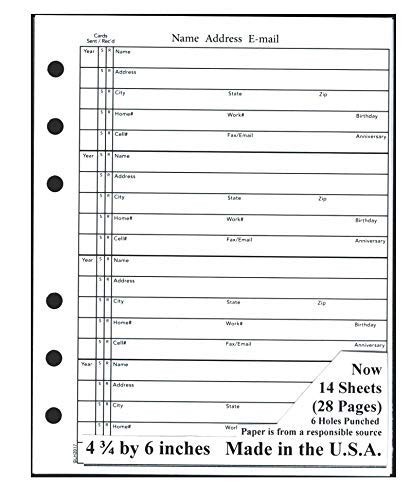 4 3/4 x 6 Inch Address Book Refill 4.75 inches wide by 6 tall, white