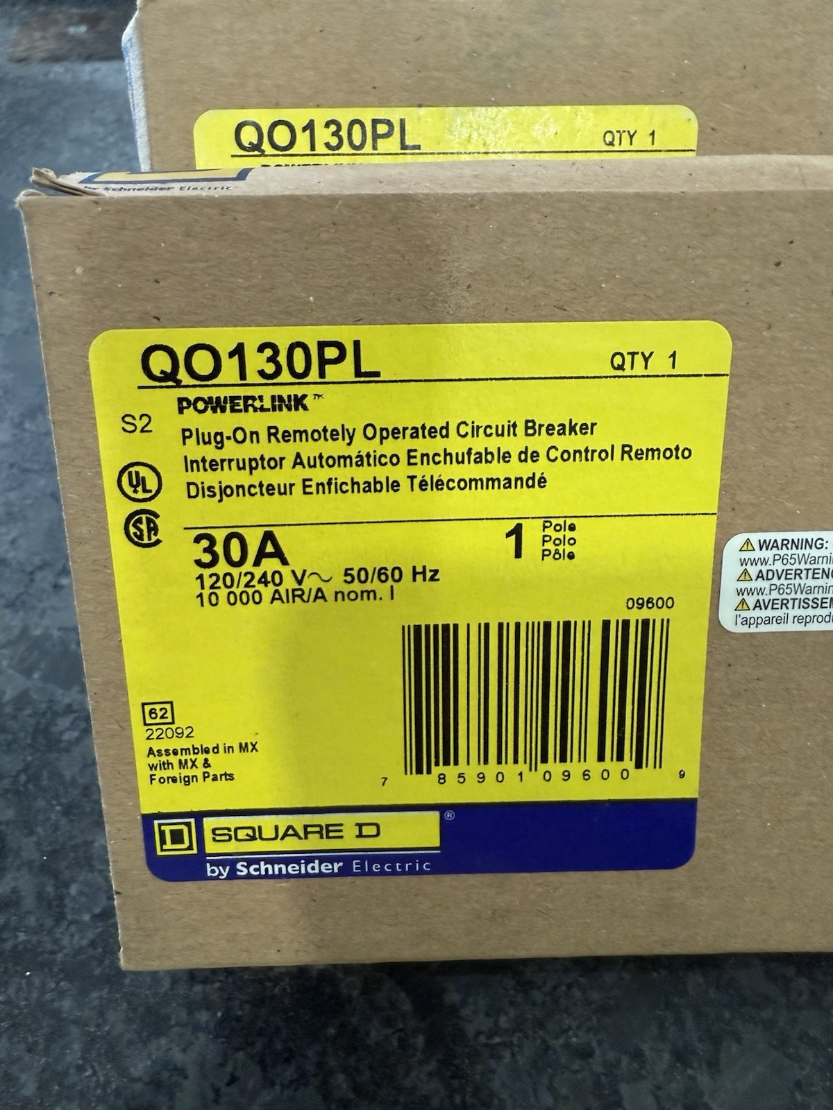 Square D QO130PL Circuit Breaker 30A 120/240V Plug-On Remote Operated