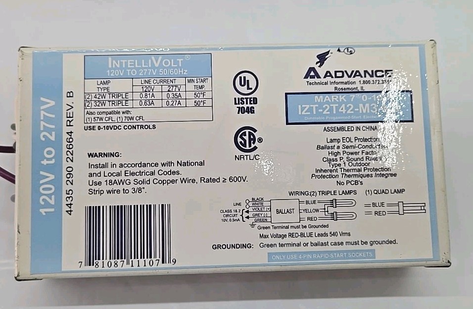 Advance IZT-2T42-M3-LD Fluorescent Dimming Ballast, 2 Lamp, CFL, 42W, 120/277V