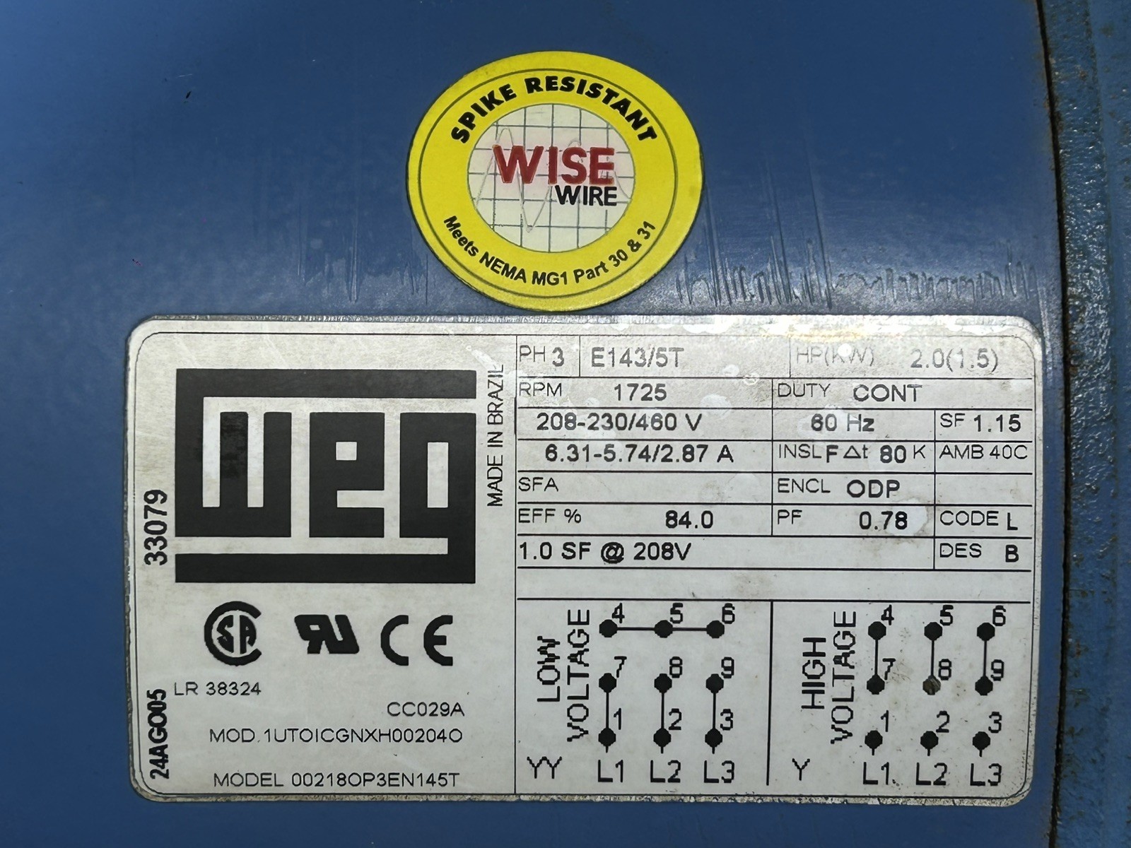 WEG 00218OP3EN145T 3-Phase, 203V-230V-460V, 1725RPM E143/5T with Shaft Pulley