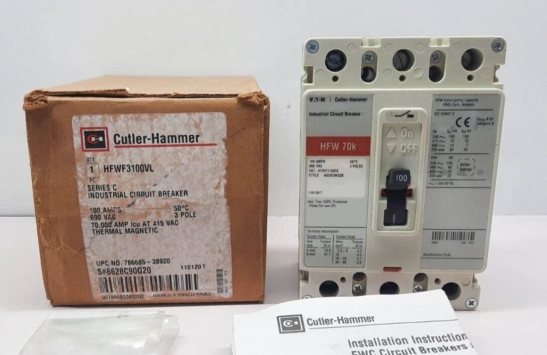 CUTLER HAMMER HFWF3100VL3 POLE 100 AMPS HFW 70K CIRCUIT BREAKER 690VAC