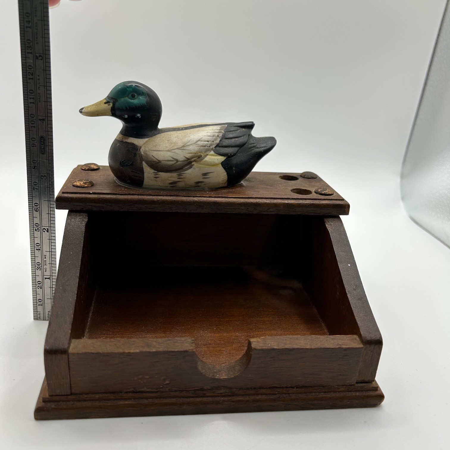 Vintage Giftco Wooden Mallard Duck Desk Organizer Pen Note Memo Holder Rustic