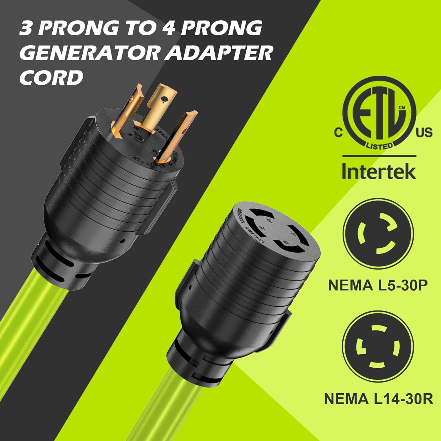 4 Prong to 3 Prong Generator Transfer Switch Adapter Cord, NEMA L5-30P to L14-30