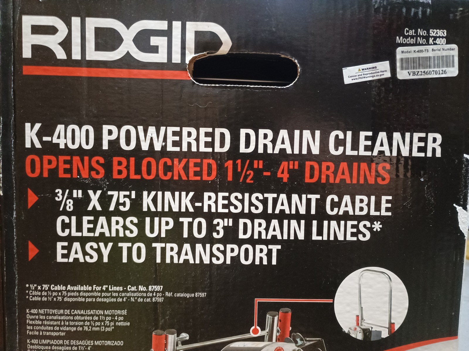 Ridgid K-400 Drain Snake Auger Drum Machine with C-32IW 3/8 in. x 75 ft. Cable