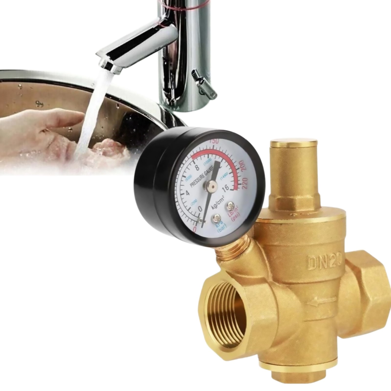3/4″ Brass Home Water Pressure Governor Reducer For Shower System With Gauge
