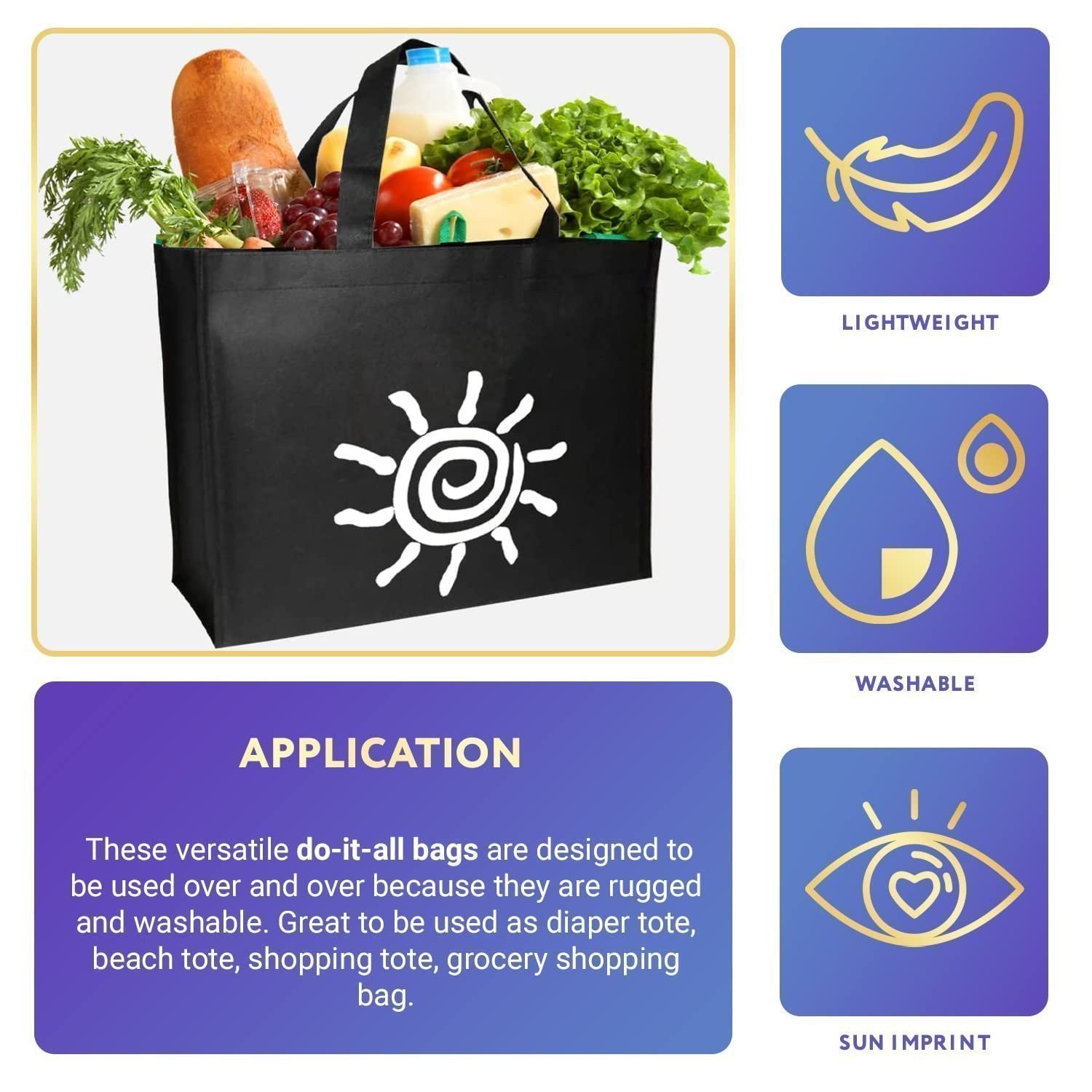 Black Non-Woven Polypropylene Shopping Bags Reusable 100 Pack 12.5×8.5×13.5 in