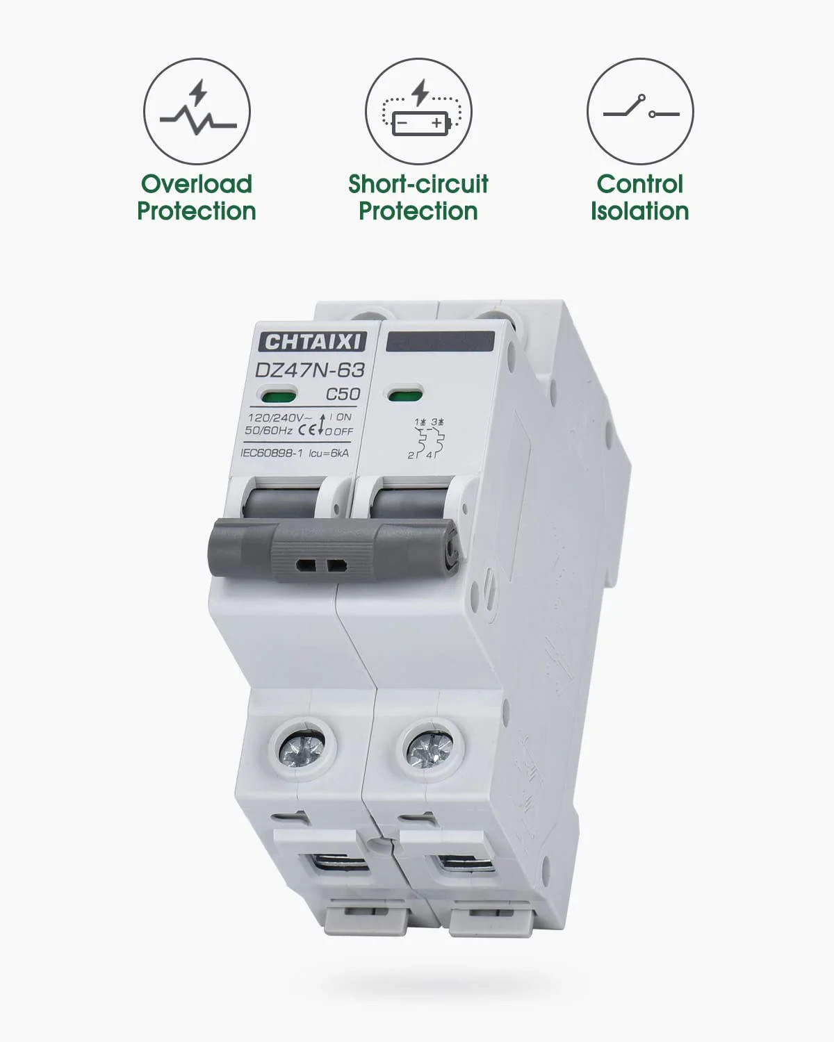 AC Miniature Circuit Breaker, 50 Amp 120V/240V 2 Pole | DIN Rail Mount, Thermal