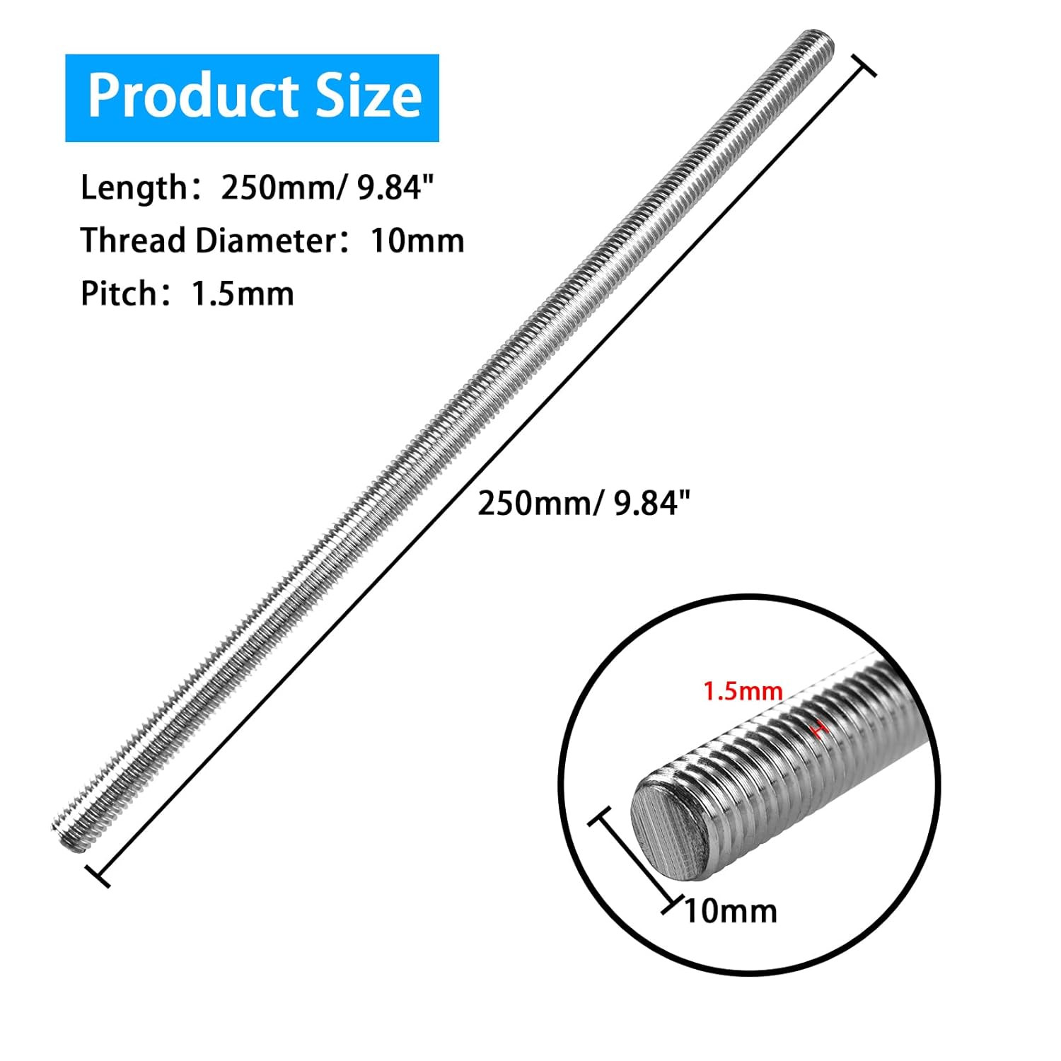 4pcs M10 x 250mm Fully Threaded Rod, 1.5mm Pitch, 304 Stainless Steel Long Th…