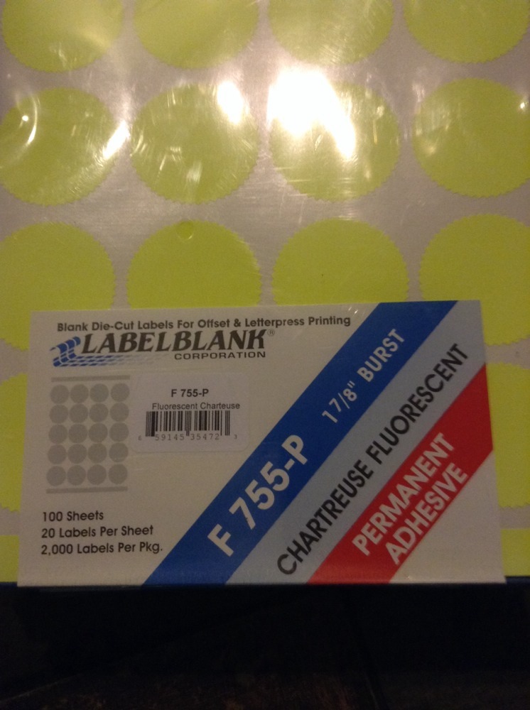 2000 bright yellow Chartreuse Flourescent 1 7/8″ Circle Burst label labels