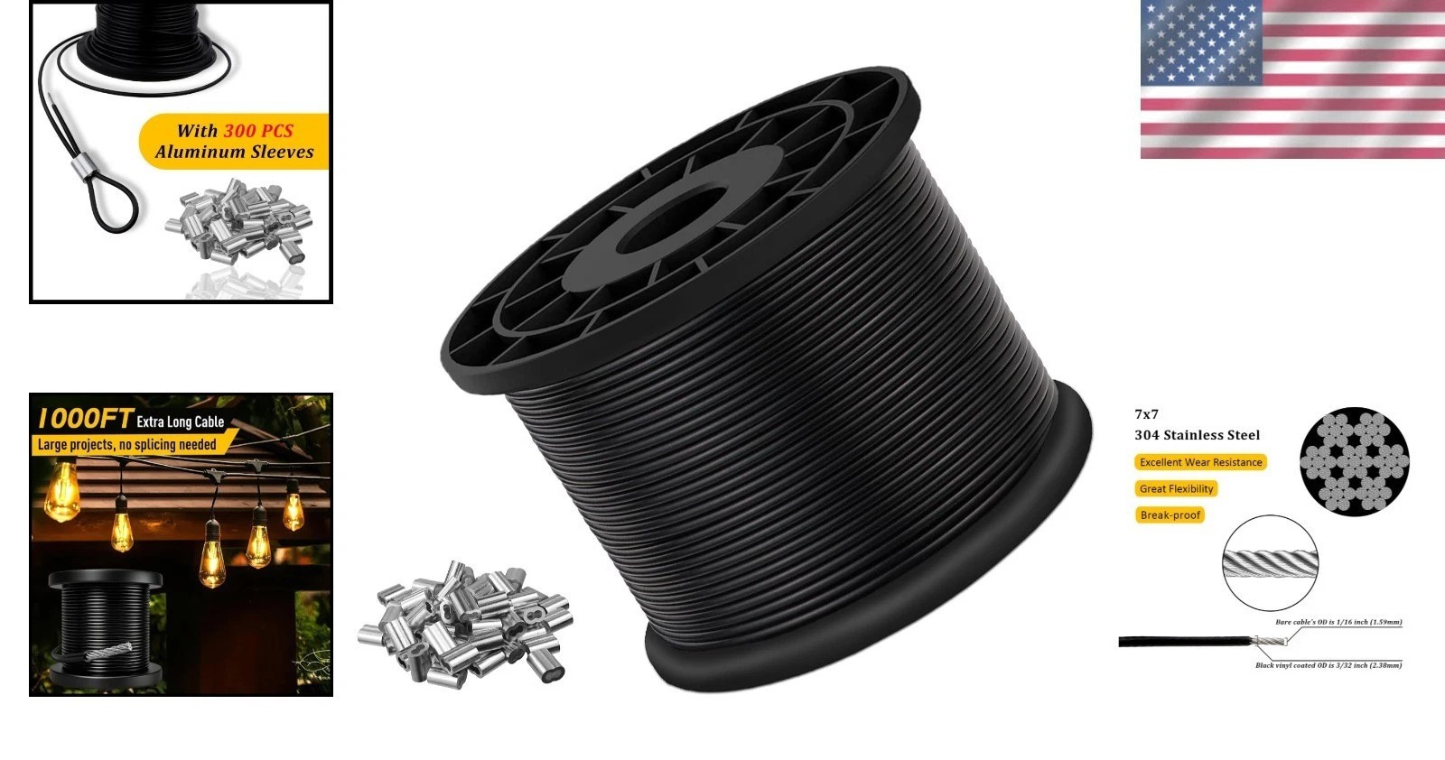 Heavy Duty 1000ft 3/32″ Black Vinyl Coated Steel Wire Rope 480lb Strength