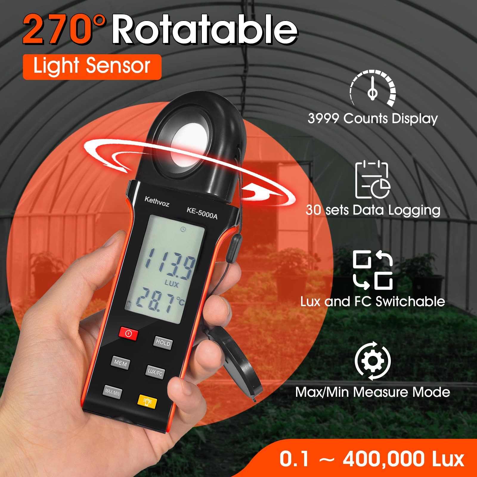 Digital Illuminance Light Meter 400000 Lux FC Tester 270 Rotating Sensor Plant