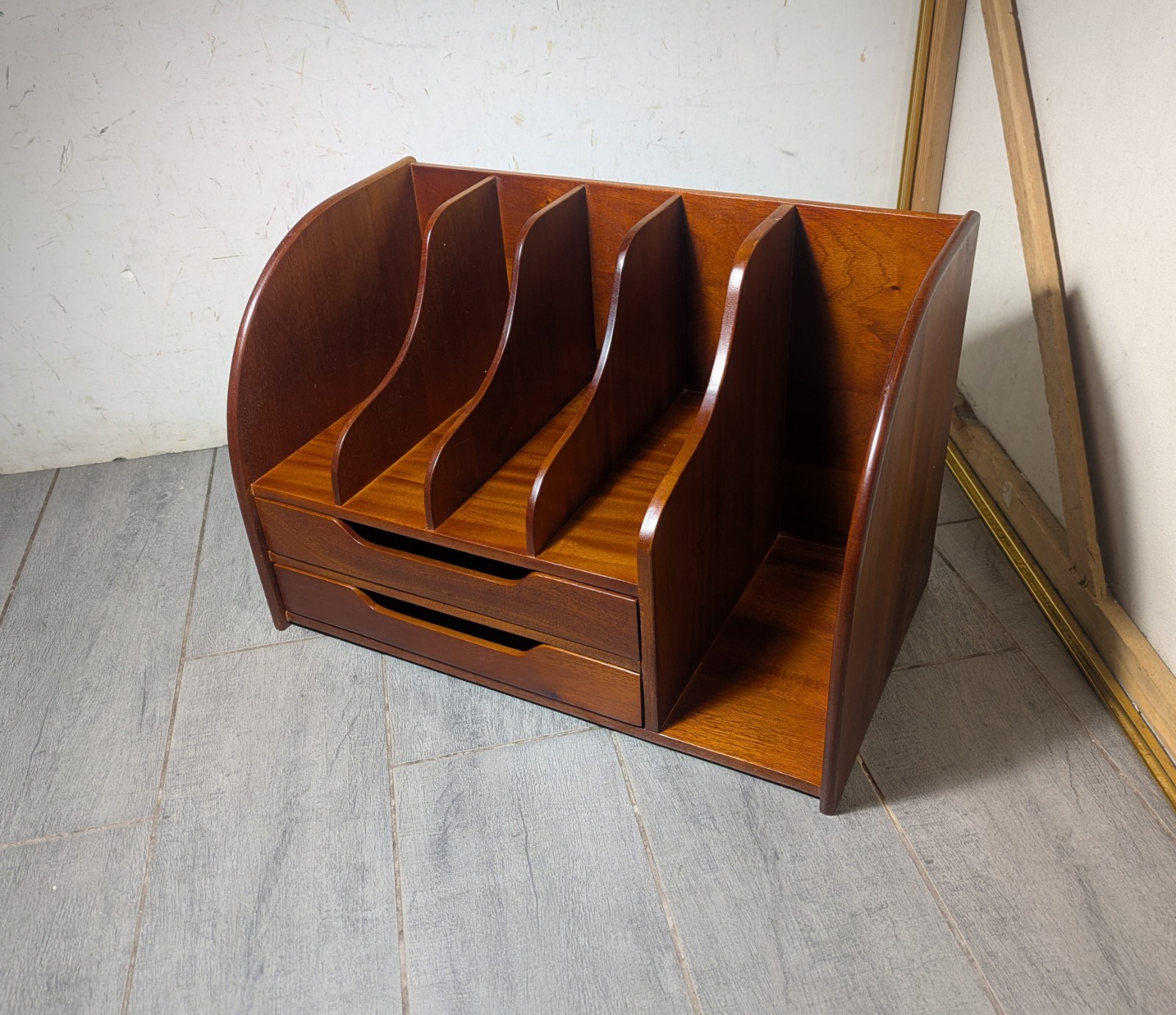 Vintage Mid Century Danish Modern Mahogany Wood Desk Organizer Mail Sorter H66