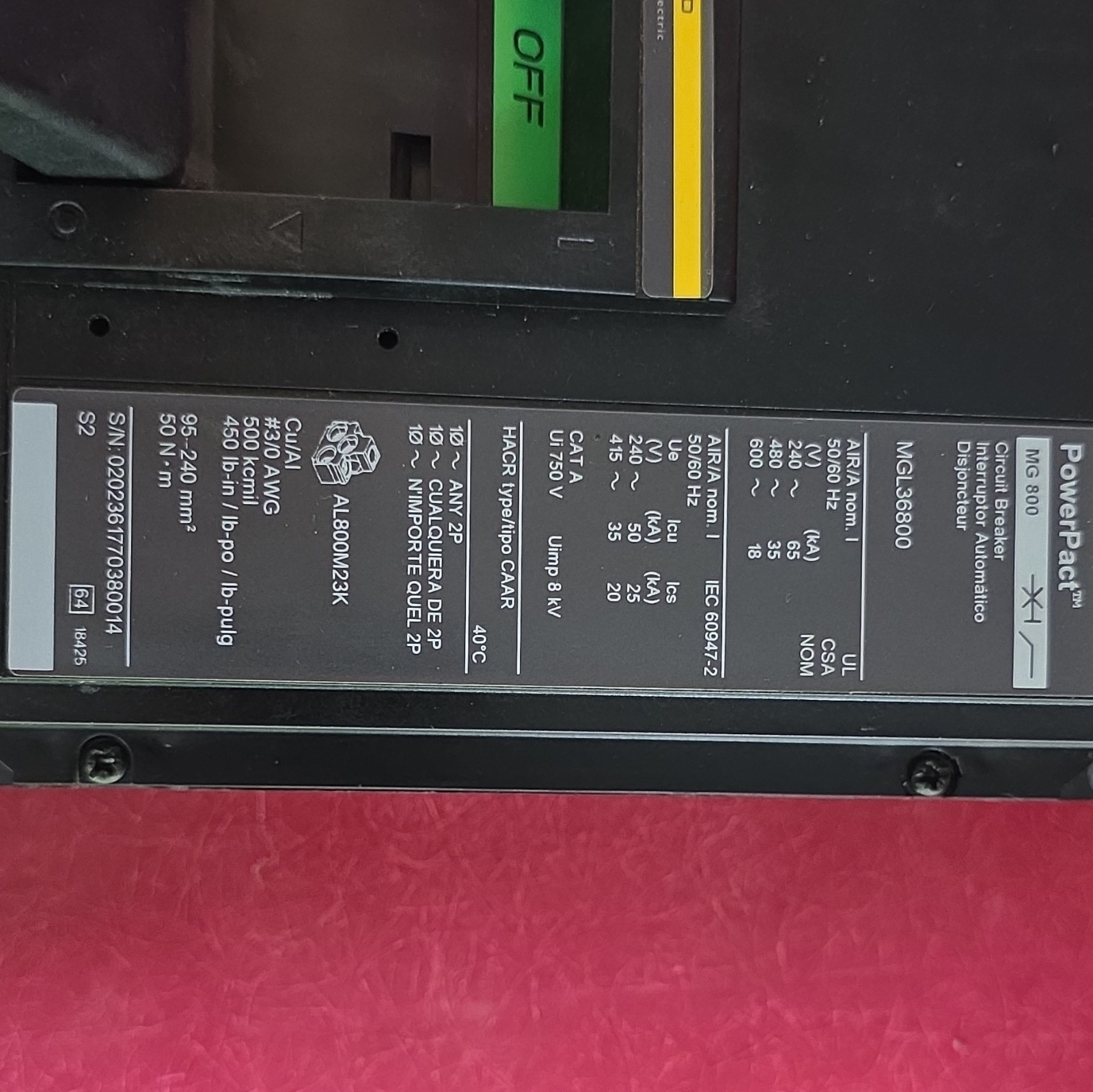 800A Square D PowerPact MG 800 MGL36800 800A 3-Pole 600V AC Trip Ind