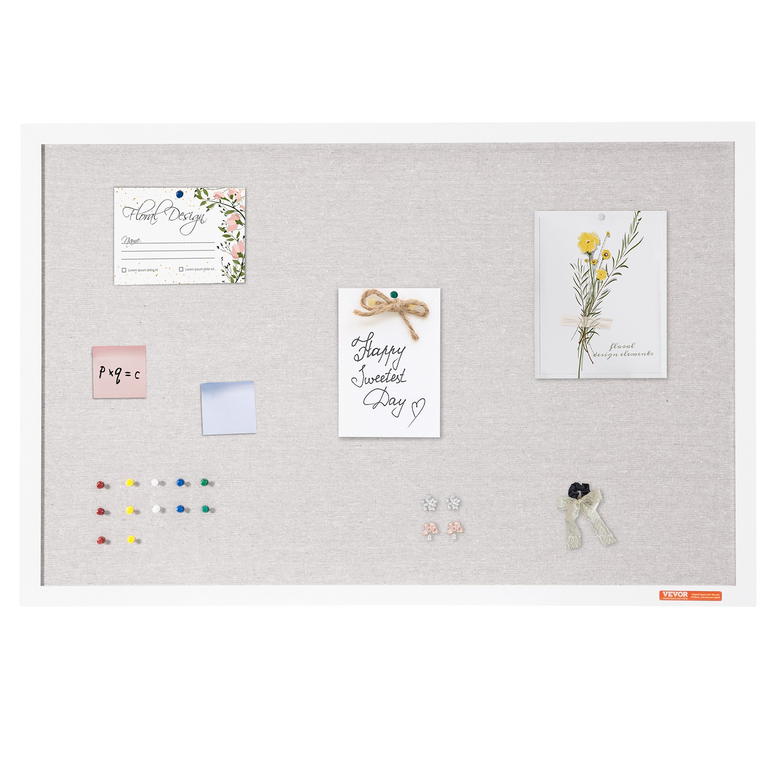 VEVOR 36″x24″ White Cork Board with Linen Surface Wall-Mounted Bulletin Board