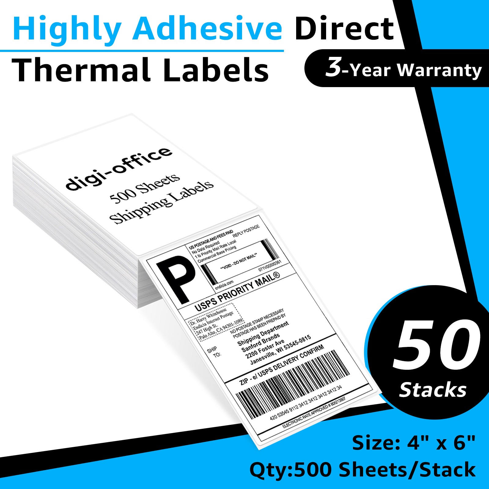 50PK of 500 4×6 Fanfold Direct Thermal Shipping Label for Zebra Rollo Printer