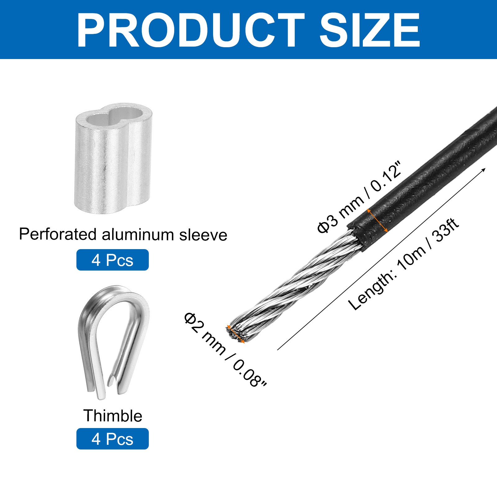 33Ft(10M) Wire Rope Stainless Steel Cable 1/8″ 4pcs Sleeves & Thimble Black