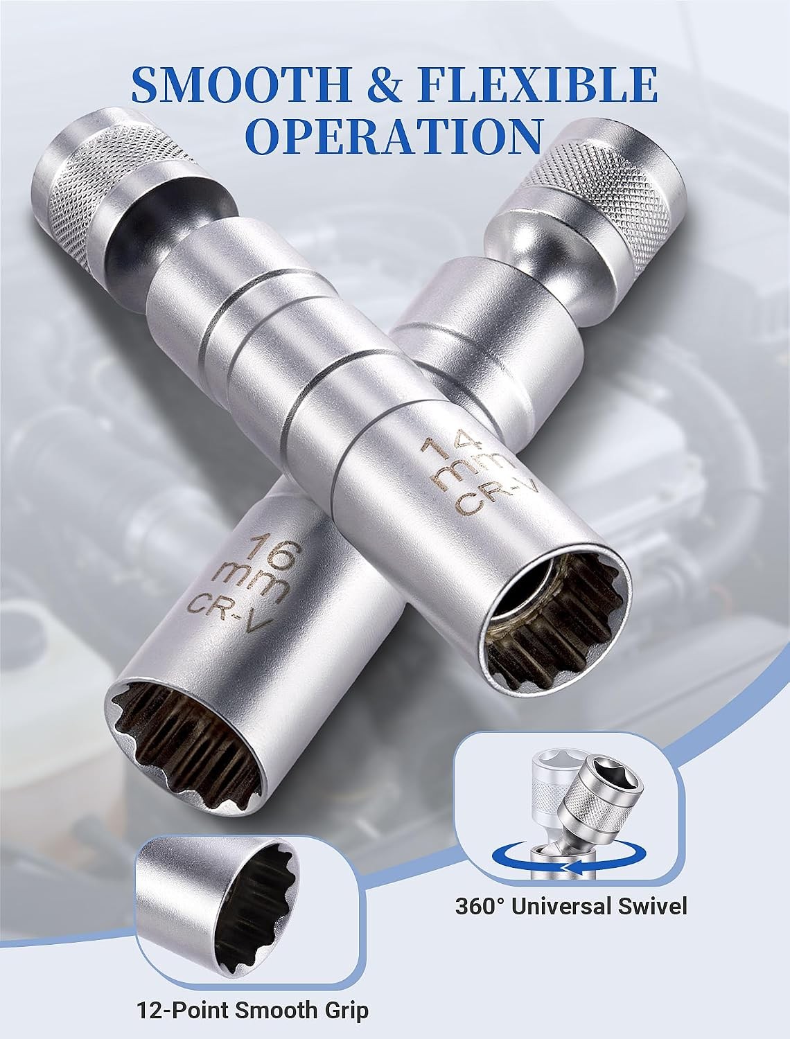 14mm & 16mm Magnetic Swivel Spark Plug Socket Set, 3/8″ Drive Thin Wall 12 Point